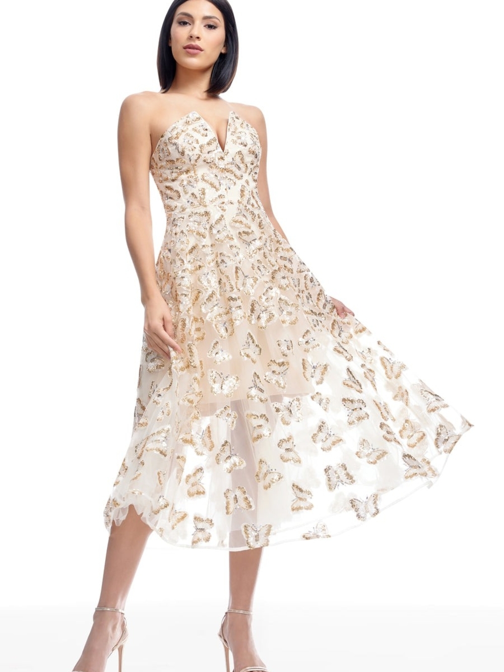 Strapless Ivory & Gold Sequin A-Line Midi Dress. Briella Dress Xxl
